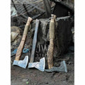 Norse Viking Axe Set with Engraved Steel Heads and Carved Hardwood Handles