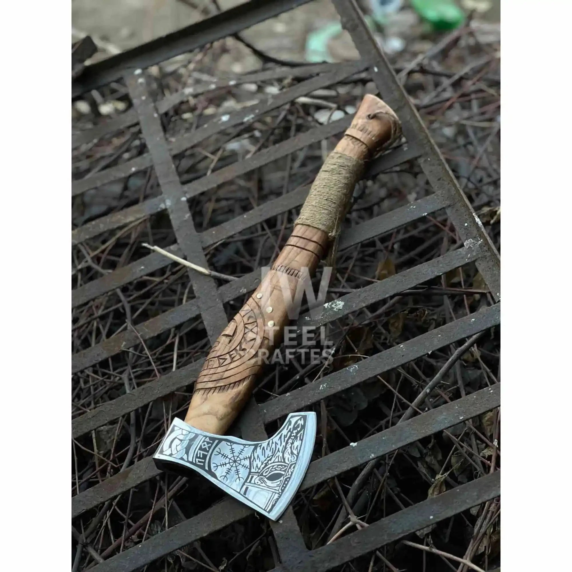 Norse Viking Axe Set with Engraved Steel Heads and Carved Hardwood Handles