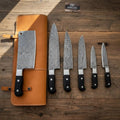 Custom Forged Damascus Culinary Knife Set — Matched Full-Tang Blades with Leather Storage Roll