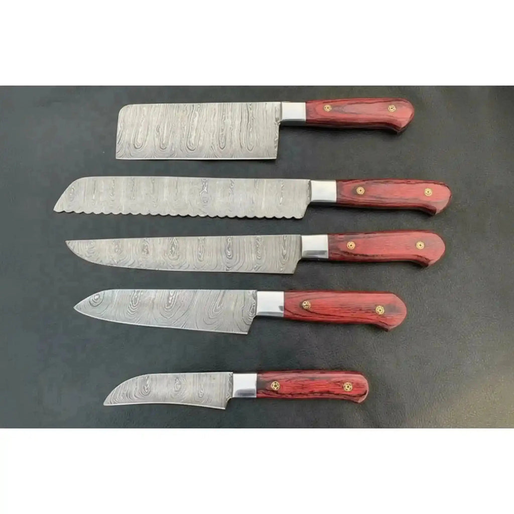 5-Piece Handcrafted Damascus Steel Knife Set: Cleaver, Bread, Chef, Utility, Paring
