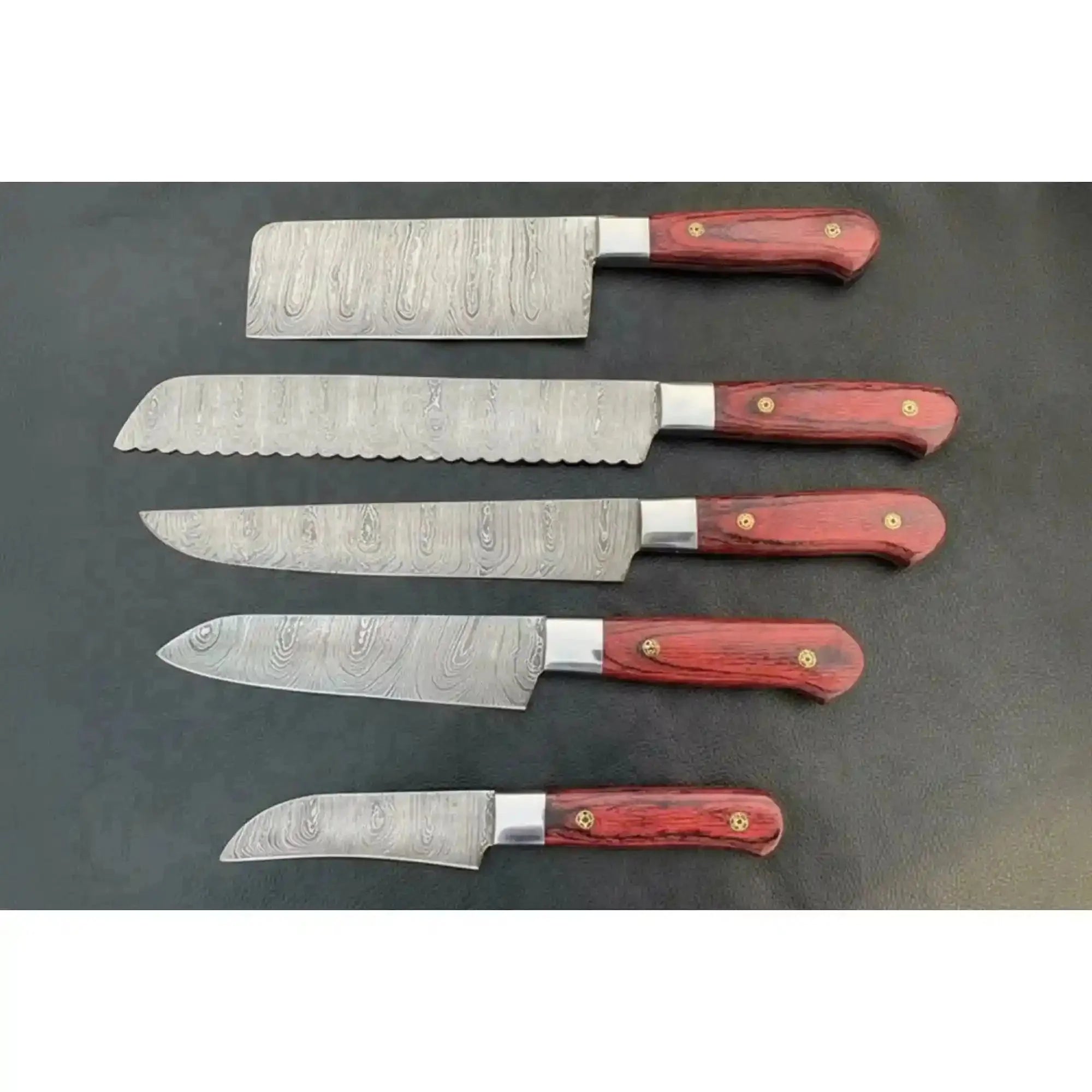 5-Piece Handcrafted Damascus Steel Knife Set: Cleaver, Bread, Chef, Utility, Paring