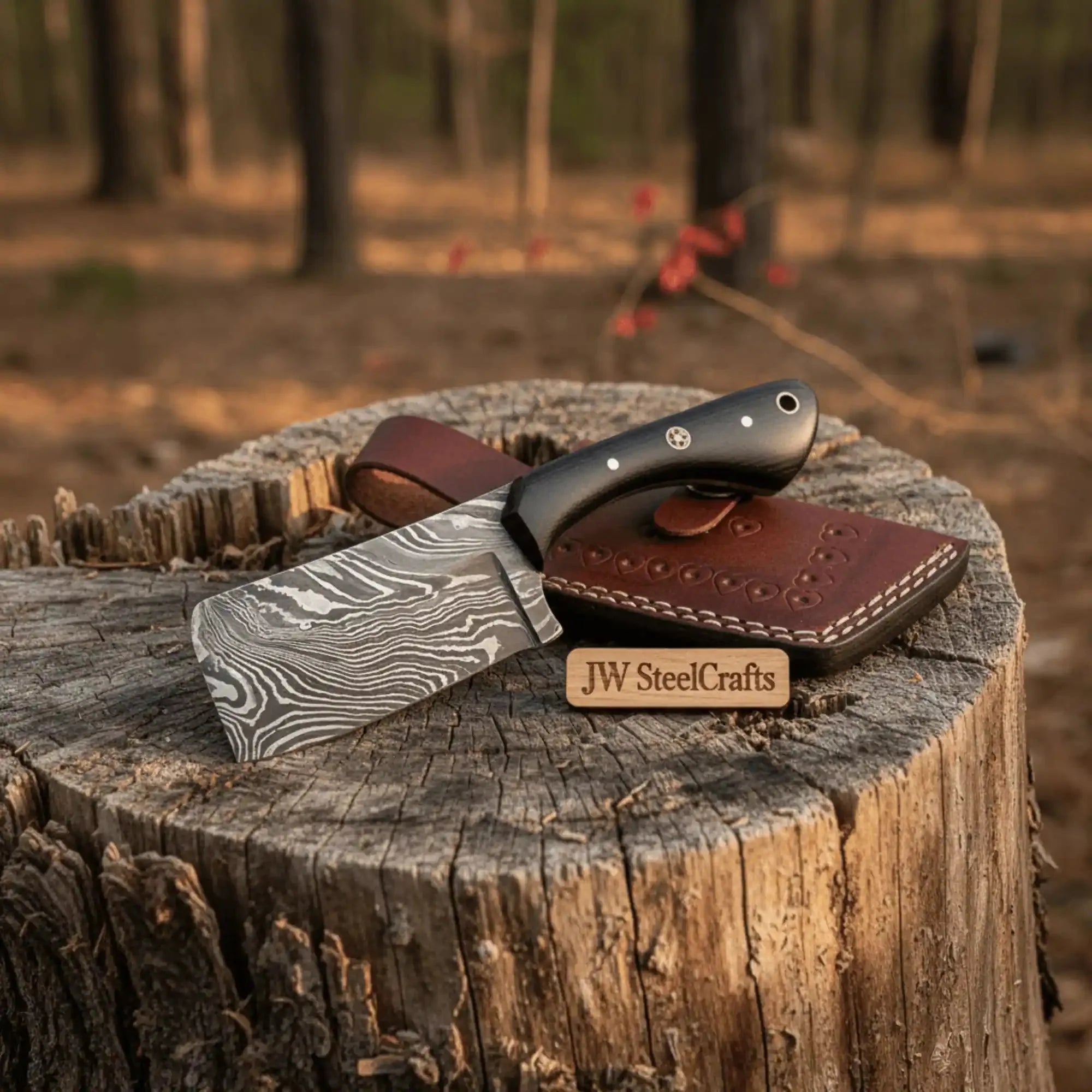 Custom Forged Damascus Mini Butcher Cleaver — Full Tang Black Handle with Leather Sheath