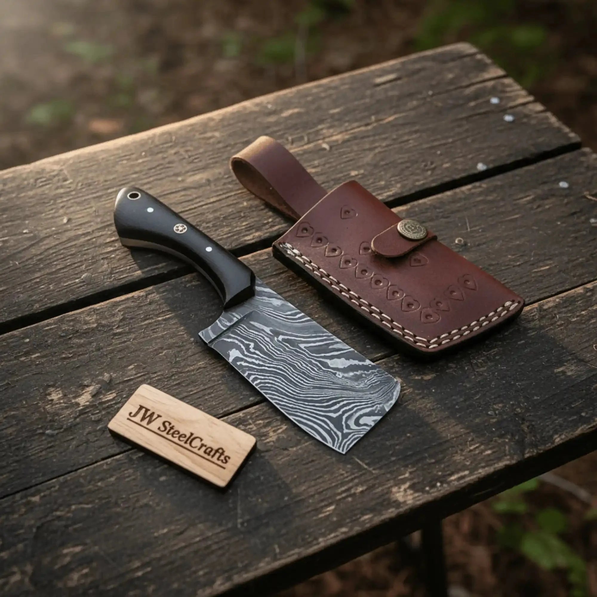 Handcrafted Mini Cleaver - Small Butcher Knife with Green Pakka Handle & Leather Sheath