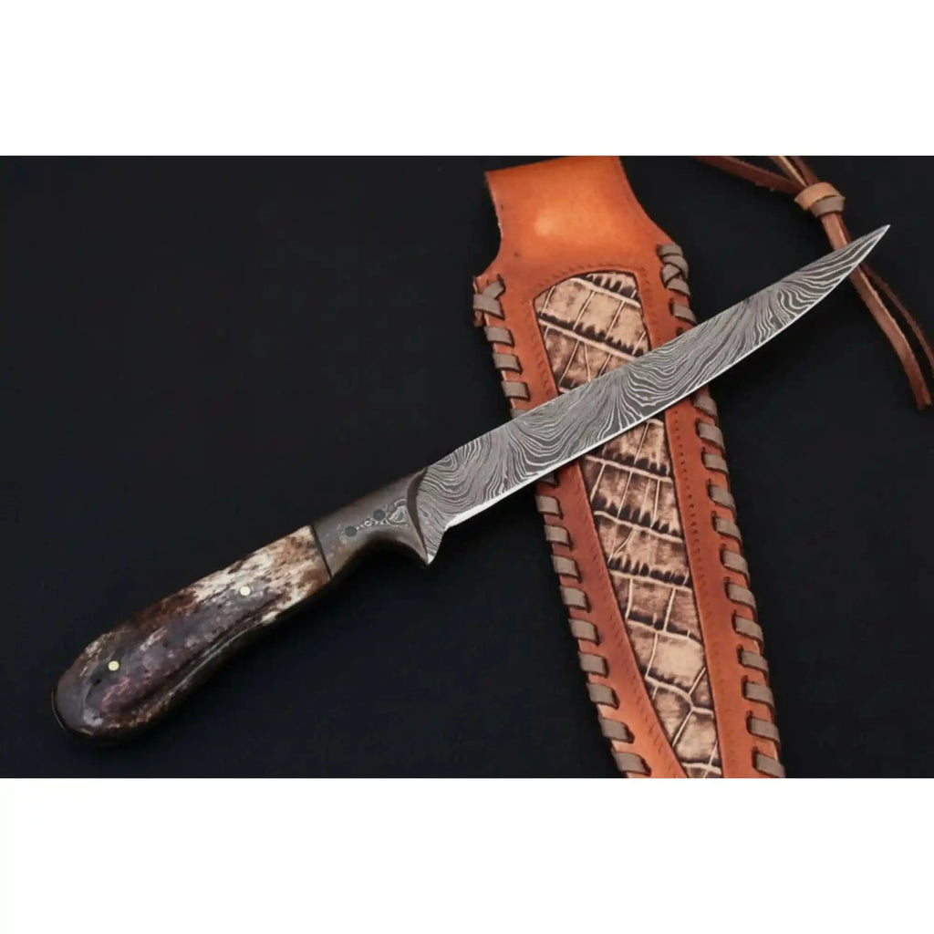 Custom Handmade Damascus Steel Boning Knife With Colour Bone Handle  with Leather Sheath DK-0045