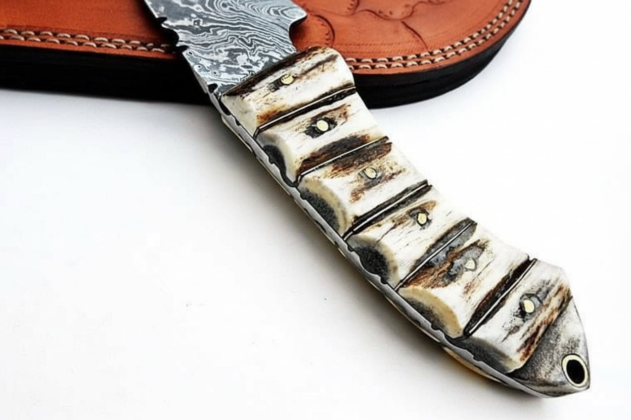 9' Handmade Damascus Skinner Knife with Stag Bone Handle and Gut Hook Blade