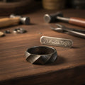 Mens Damascus Steel Faceted Wedding Band Handmade Geometric Ring