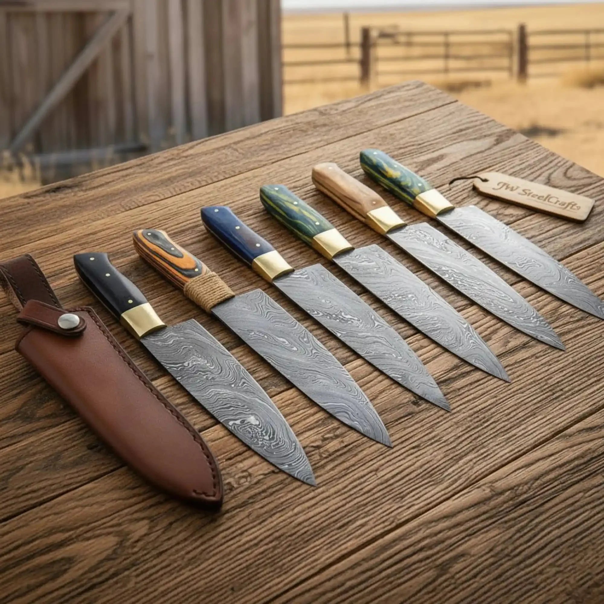 Custom Slim-Profile Damascus Chef Knife Set — 6 Piece Professional Kitchen Set