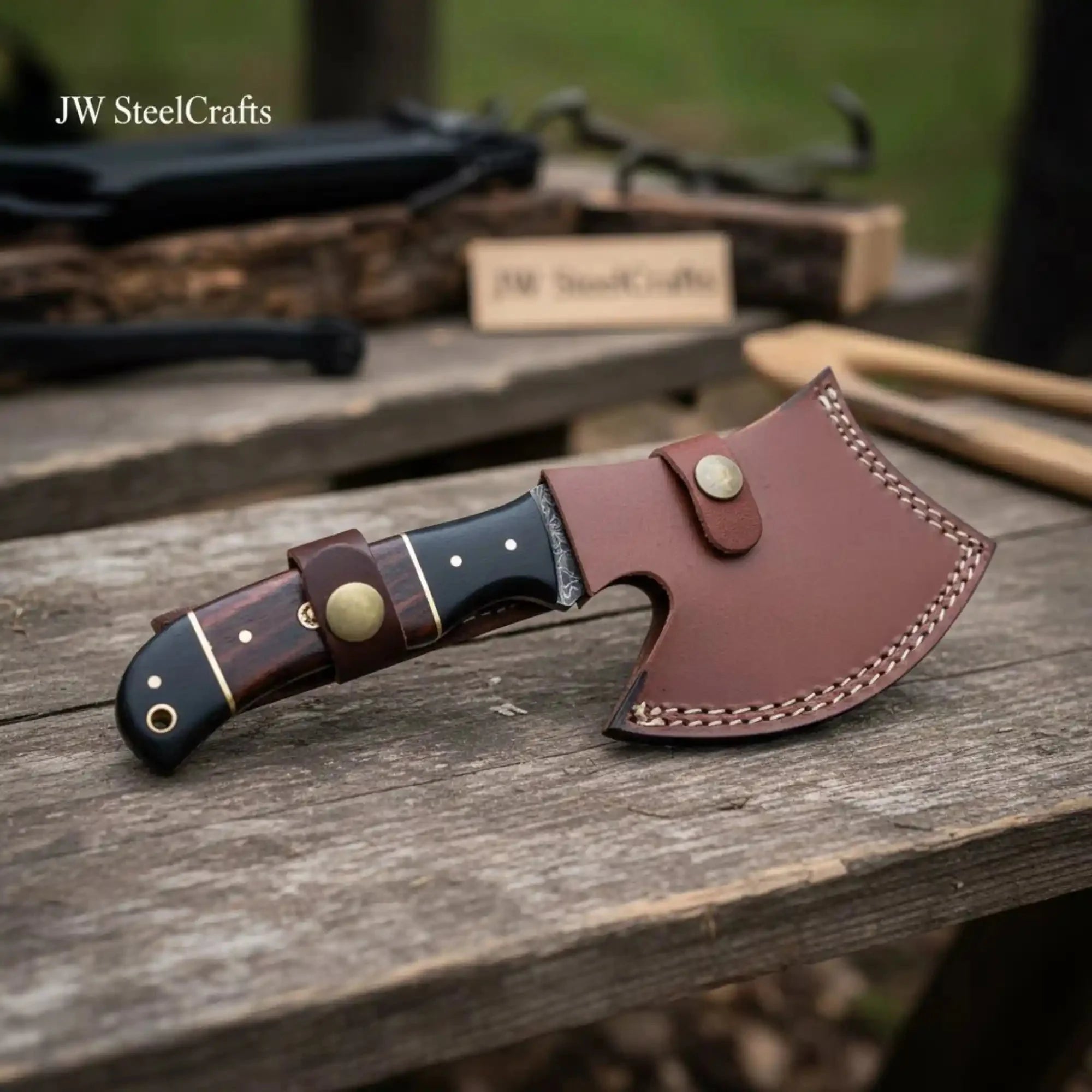 Damascus Bearded Hatchet with Contoured Full Tang Handle