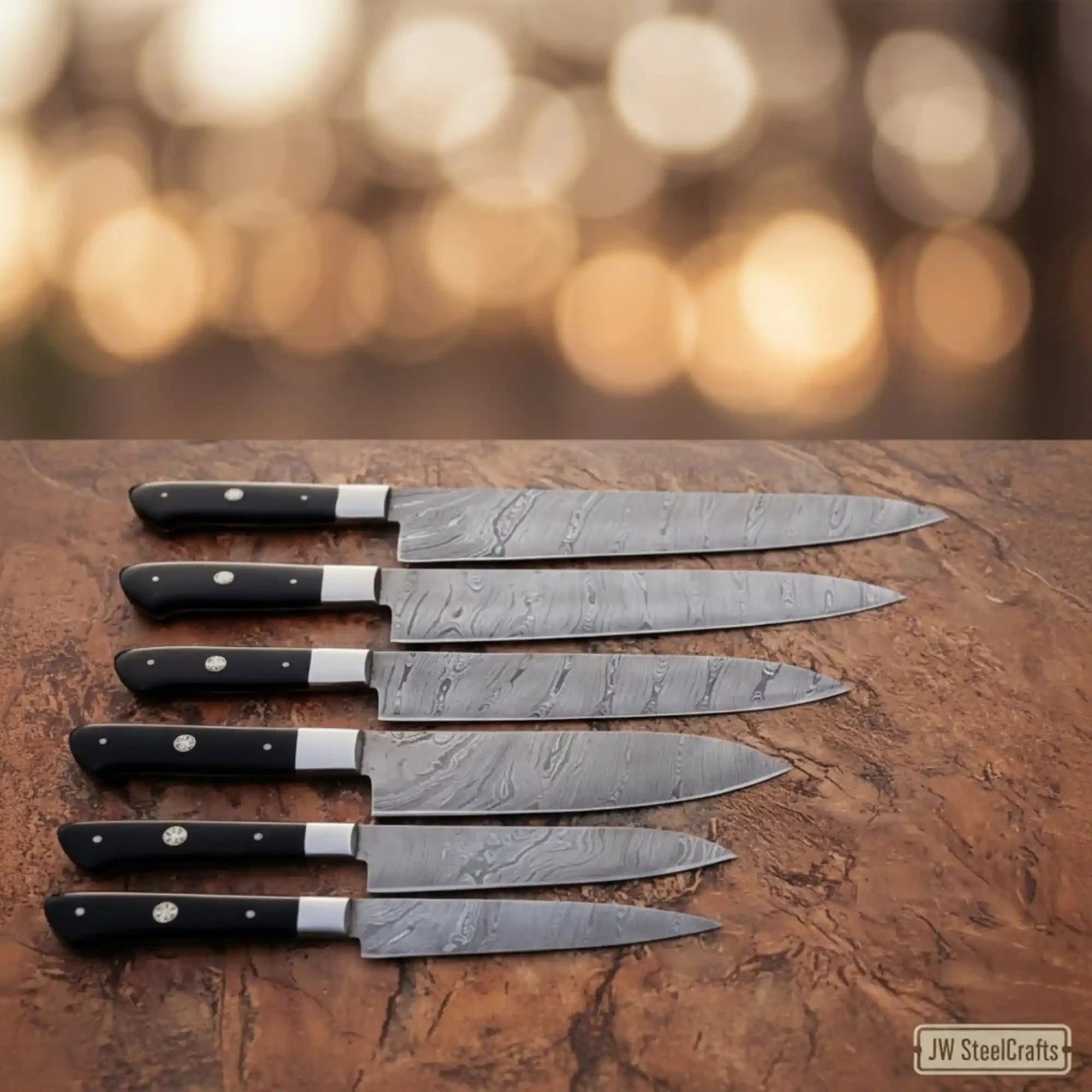 Damascus Carving Slicer Knife Set — Black Resin Handle, Steel Bolster, Hand-Forged Blade