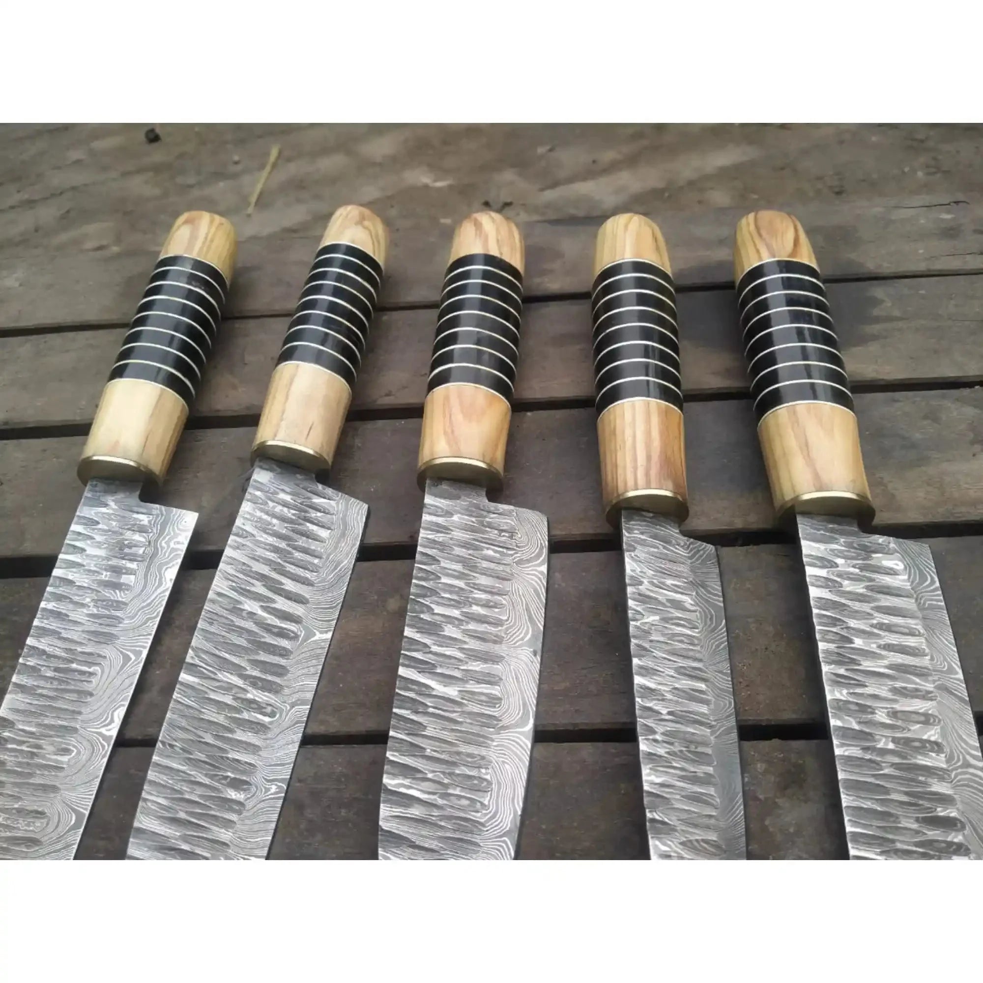 Damascus Chef Knife Set – Handmade 5-Piece Kitchen Knives with Olive Wood and Resin Handles