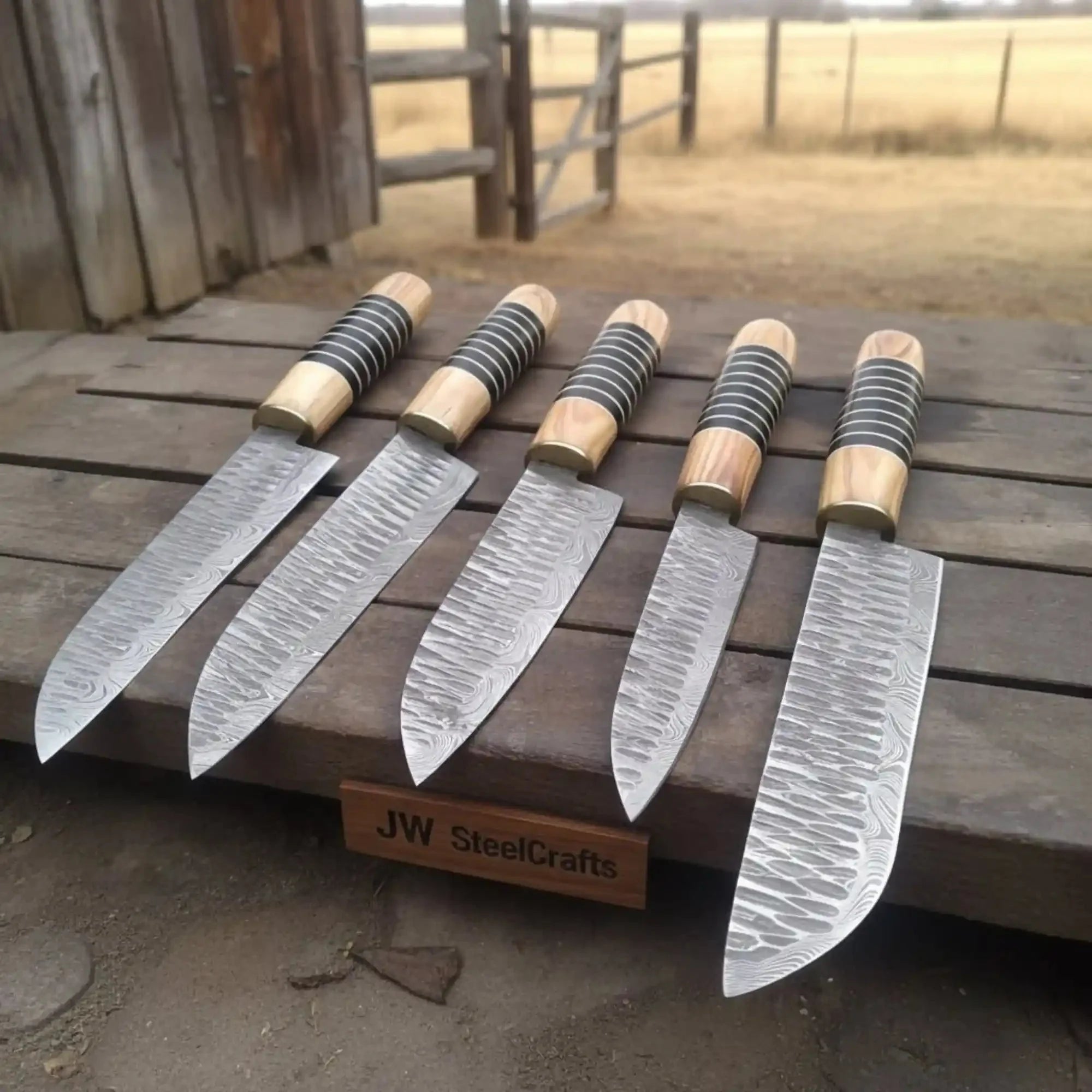 Damascus Chef Knife Set – Handmade 5-Piece Kitchen Knives with Olive Wood and Resin Handles