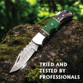 Damascus Folding Knife | Green & Black Dyed Wood Handle | Pocket Knife