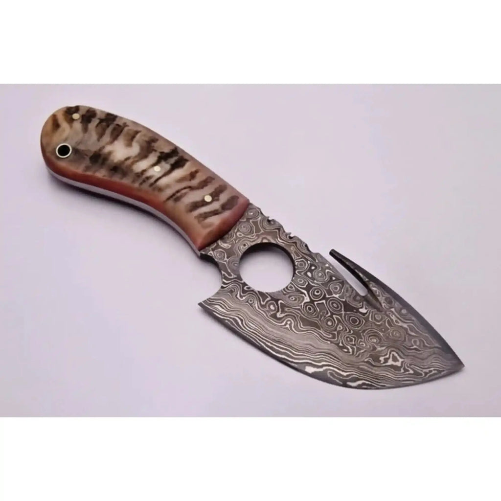Damascus Gut hook Skinner Knife Raindrop pattern | two handle options