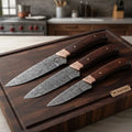 Handmade Damascus Steel Kitchen Knife Set with Engraved Bolsters and Rosewood Handles by JW Steel