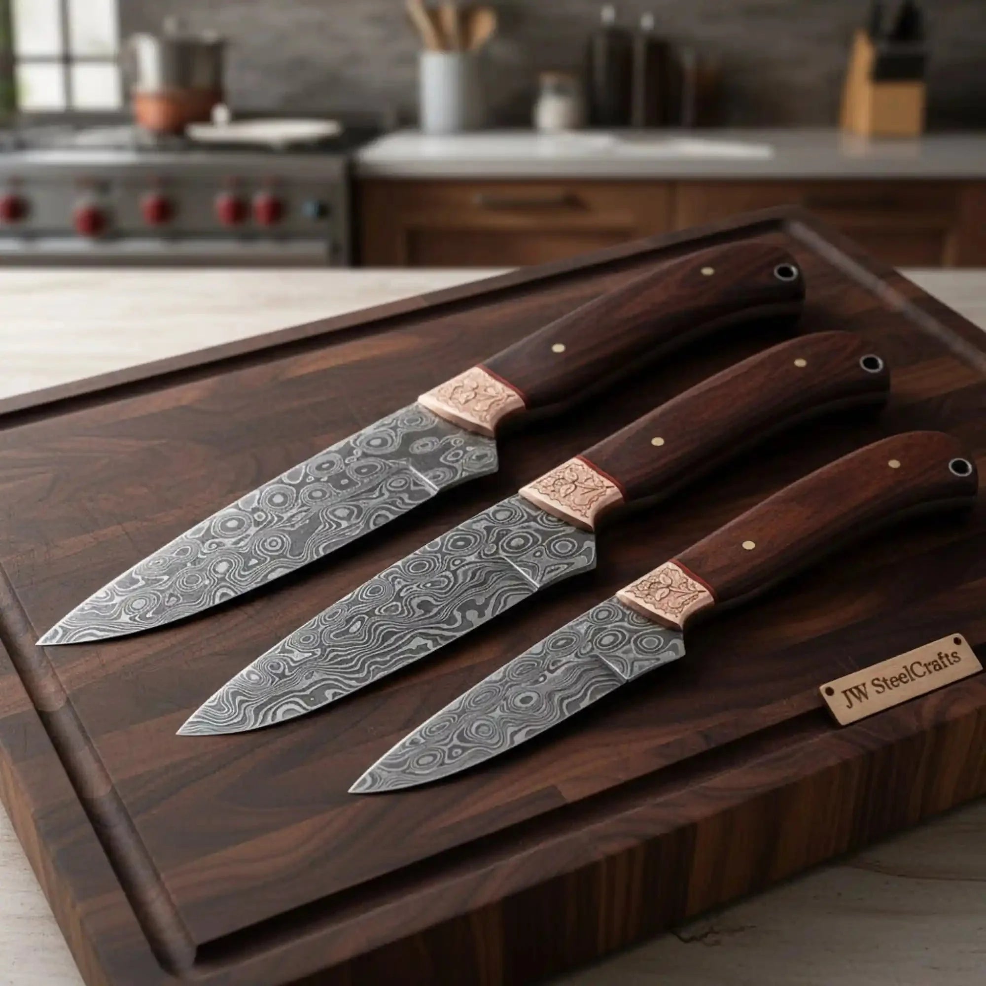 Handmade Damascus Steel Kitchen Knife Set with Engraved Bolsters and Rosewood Handles by JW Steel