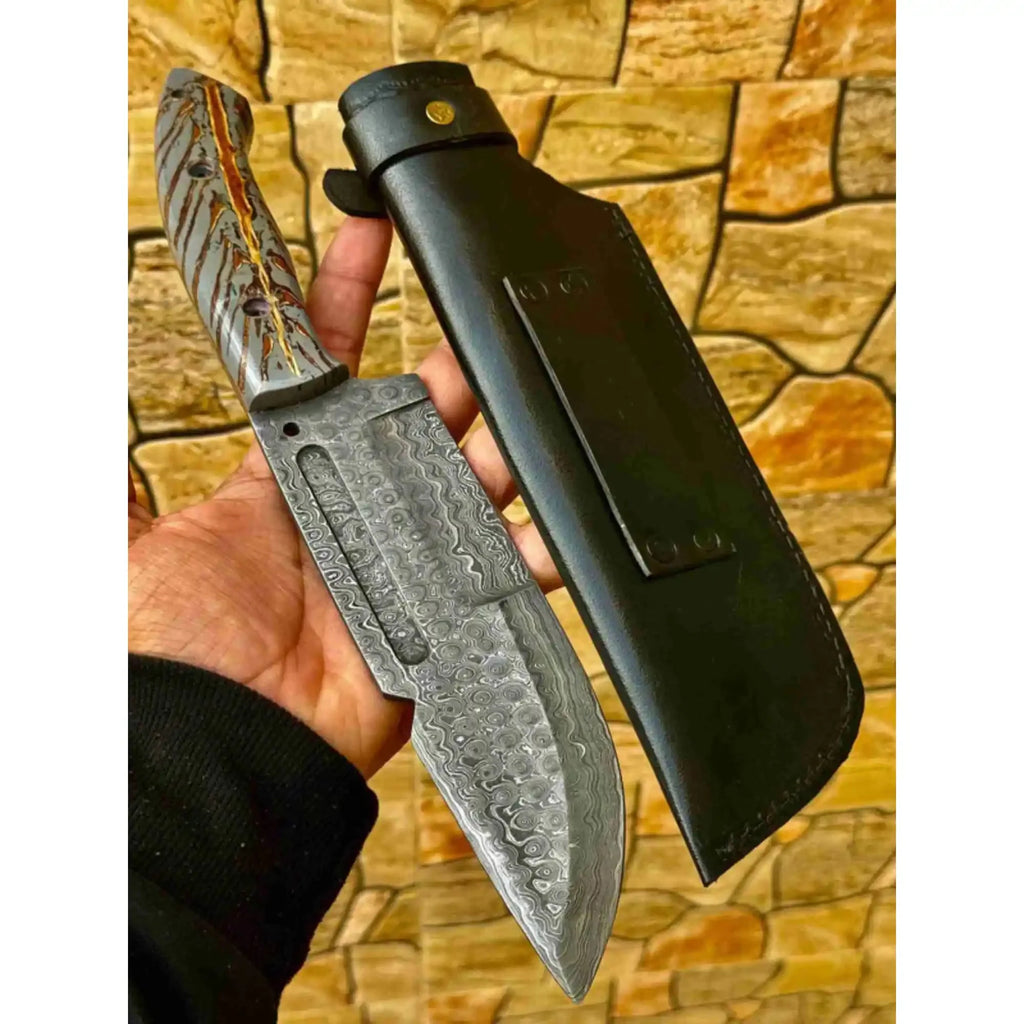 Damascus Hunting Knife with Grey Pinecone Handle | Full Tang + Black Leather Sheath