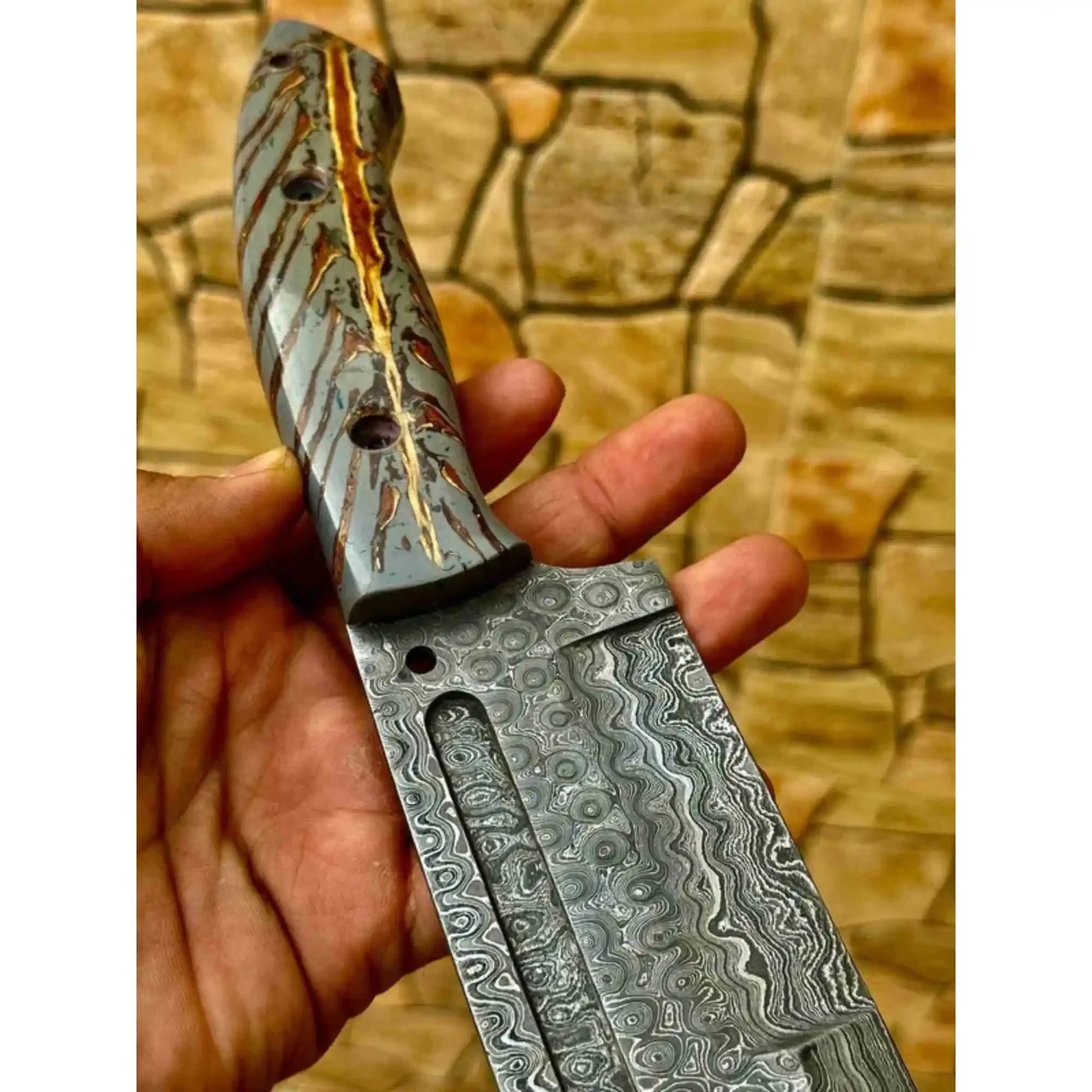 Damascus Hunting Knife with Grey Pinecone Handle | Full Tang + Black Leather Sheath