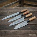 Damascus Knives Sujihiki, Gyuto, Santoku & Nakiri Set – Olive Wood Handles