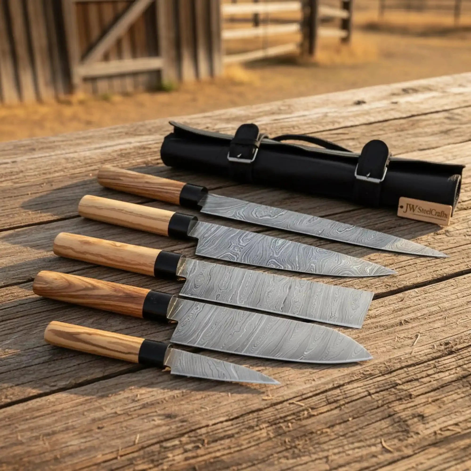 Damascus Professional Culinary Set (5 Pieces) — Gyuto Chef + Sujihiki Carving Knife + Nakiri Vegetable Cleaver + Petty & Utility
