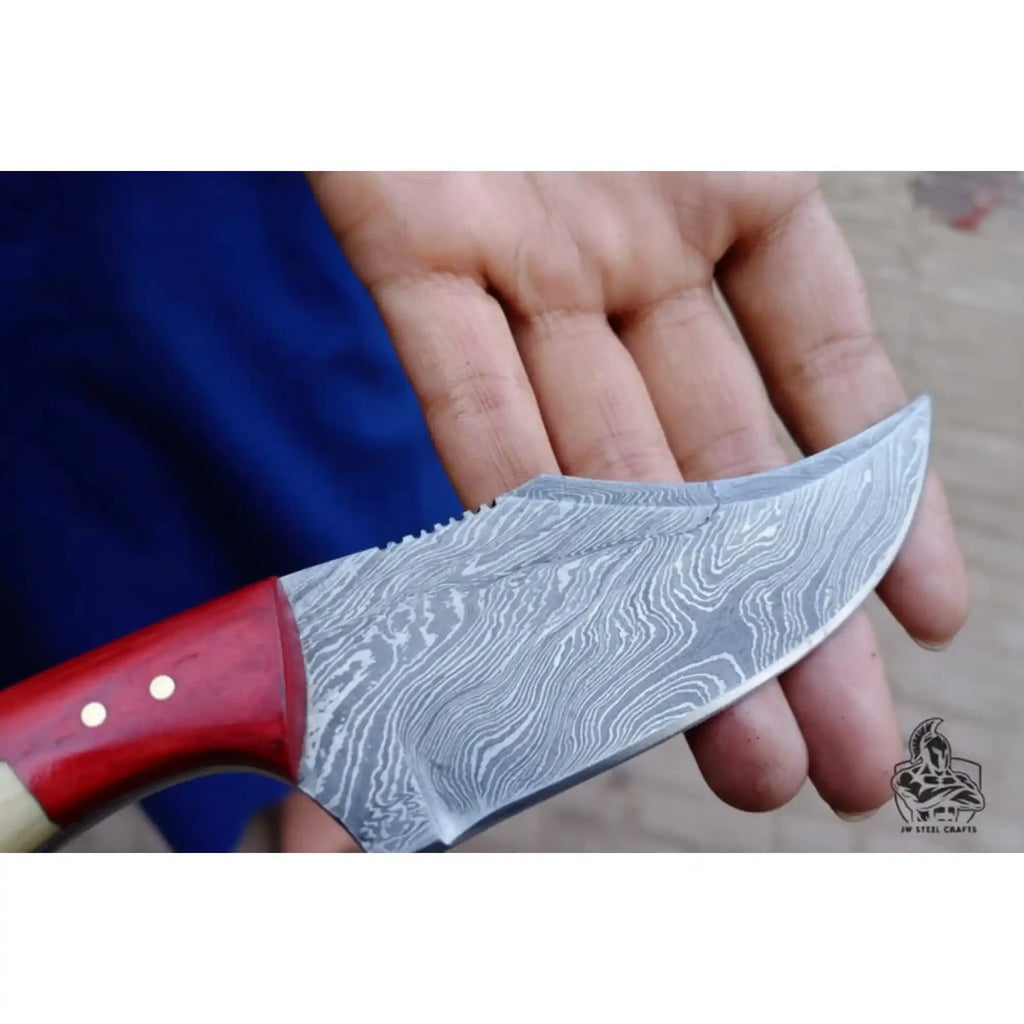Damascus Skinner Knife Bone Red Pakka 6” Overall