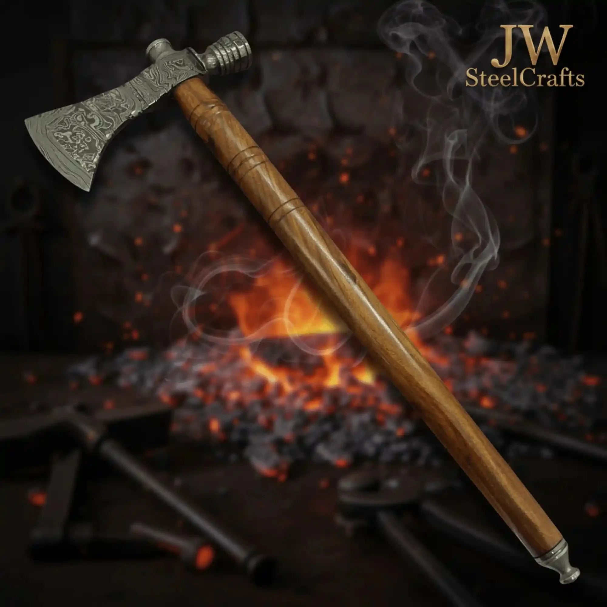 Damascus Smoking Axe Straight Handle 19 Inch