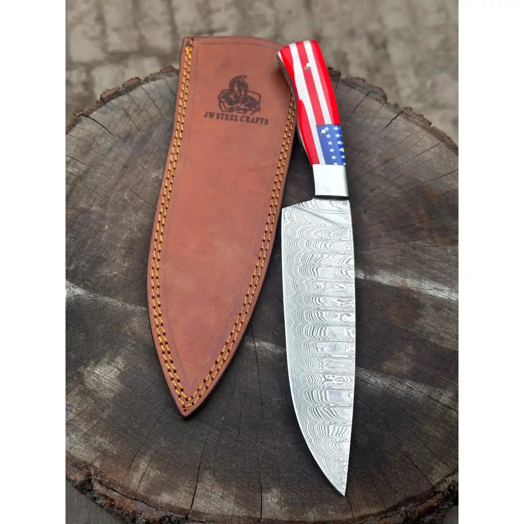 Damascus Steel Chef Knife with USA Flag Resin Handle