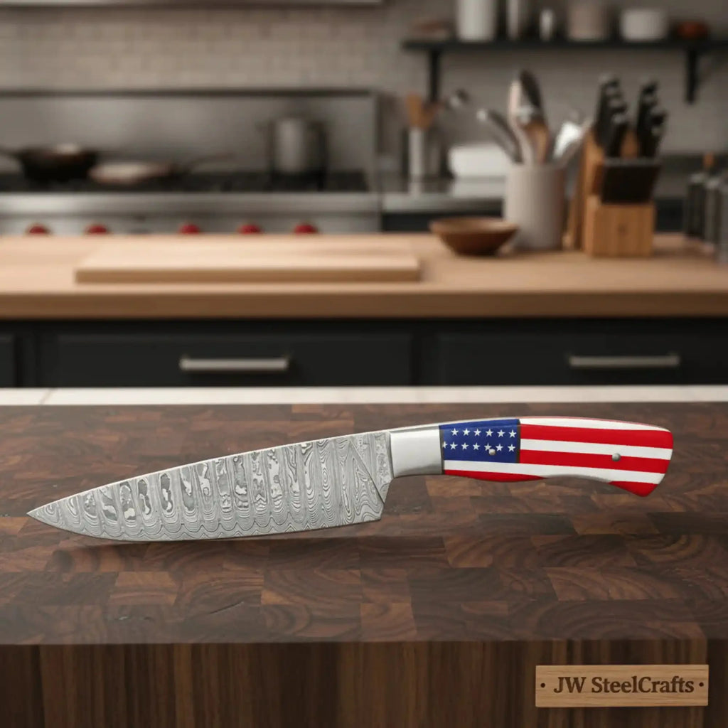 Damascus Steel Chef Knife with USA Flag Resin Handle