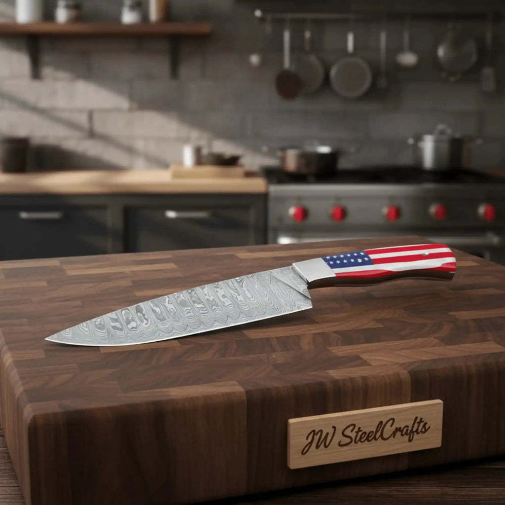 Damascus Steel Chef Knife with USA Flag Resin Handle
