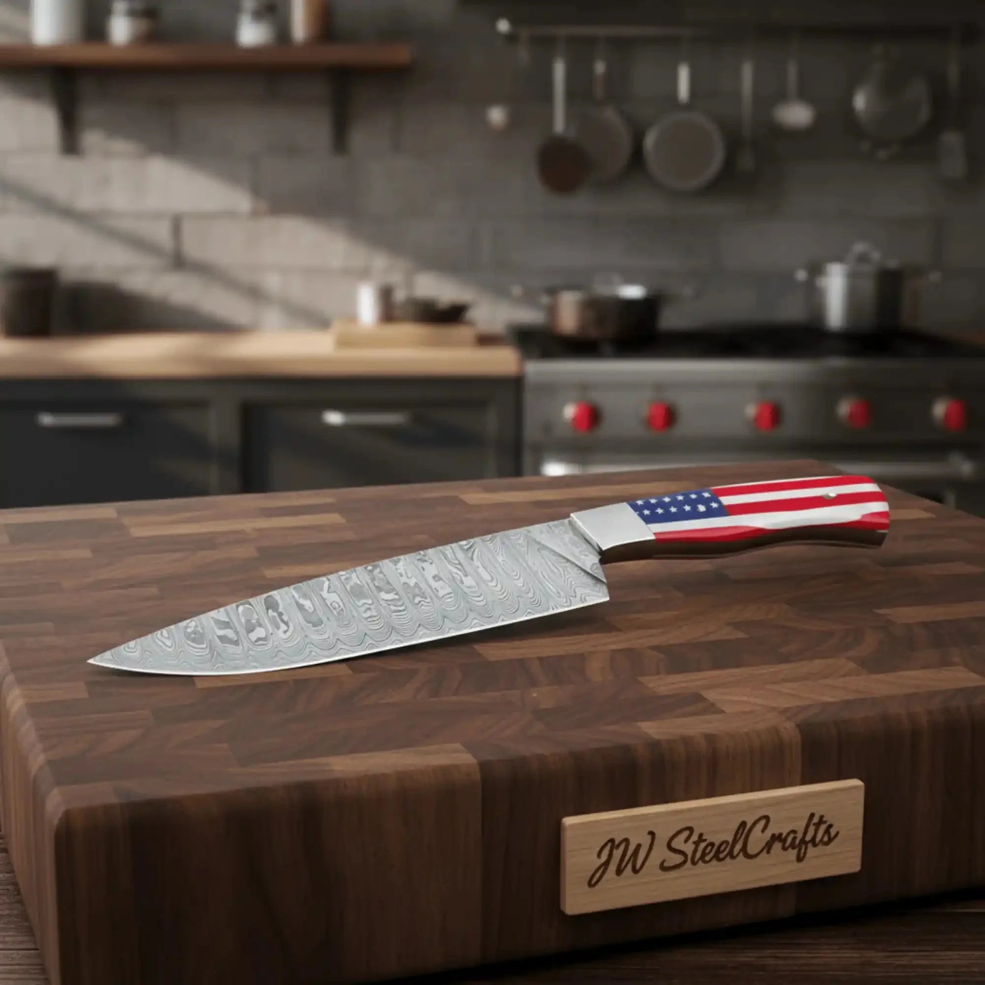 Damascus Steel Chef Knife with USA Flag Resin Handle