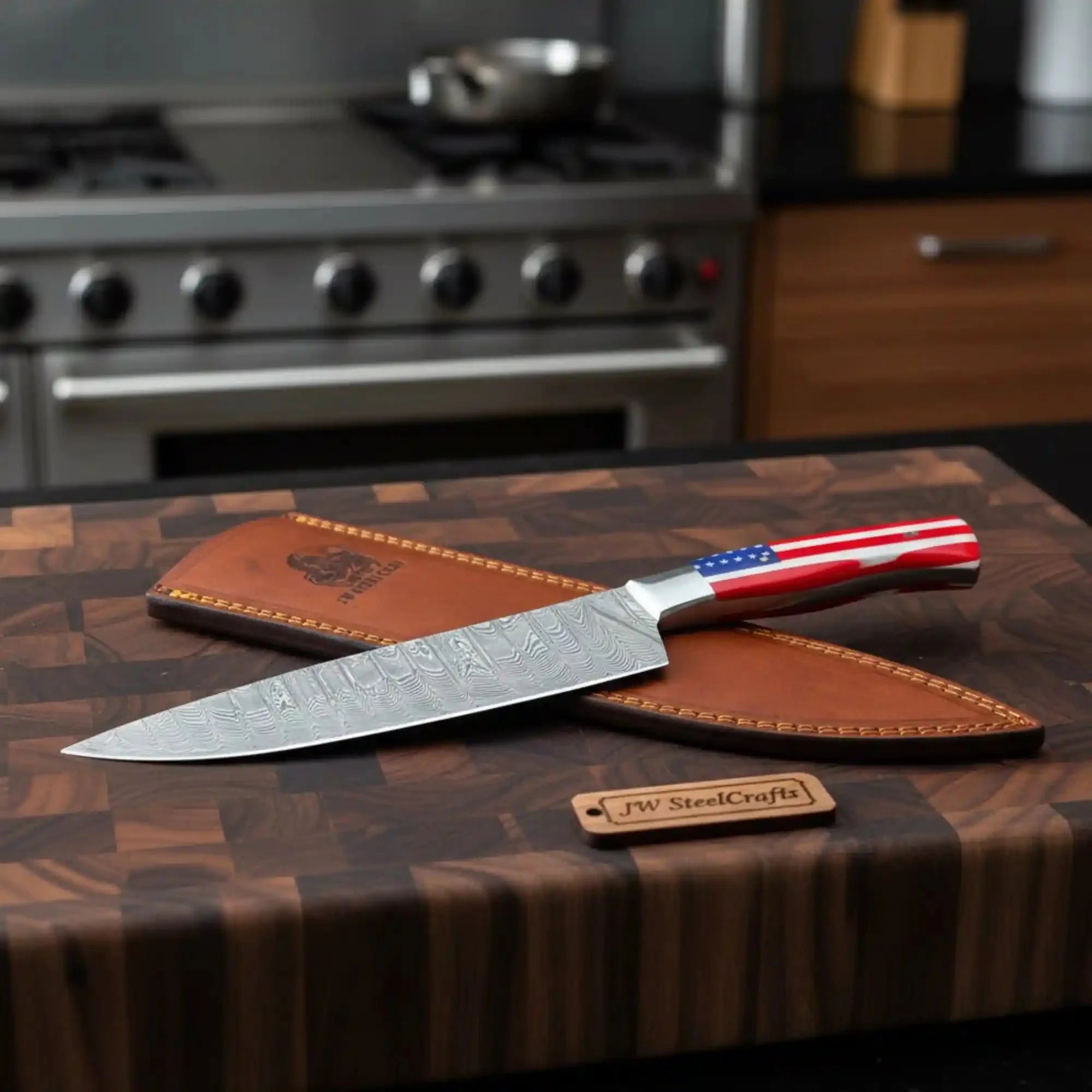 Damascus Steel Chef Knife with USA Flag Resin Handle
