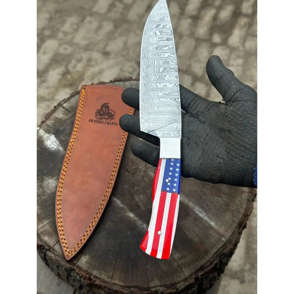 Damascus Steel Chef Knife with USA Flag Resin Handle