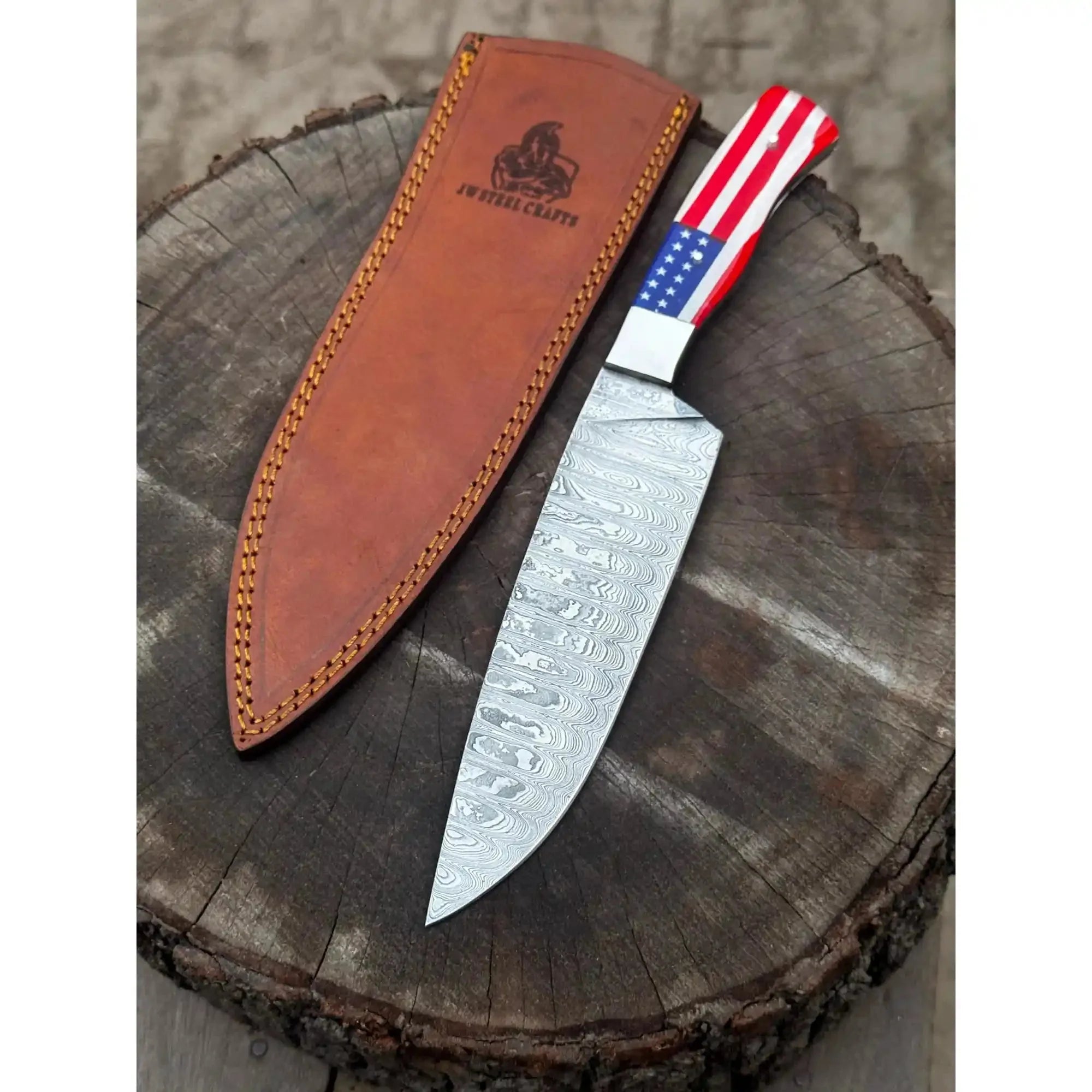 Damascus Steel Chef Knife with USA Flag Resin Handle