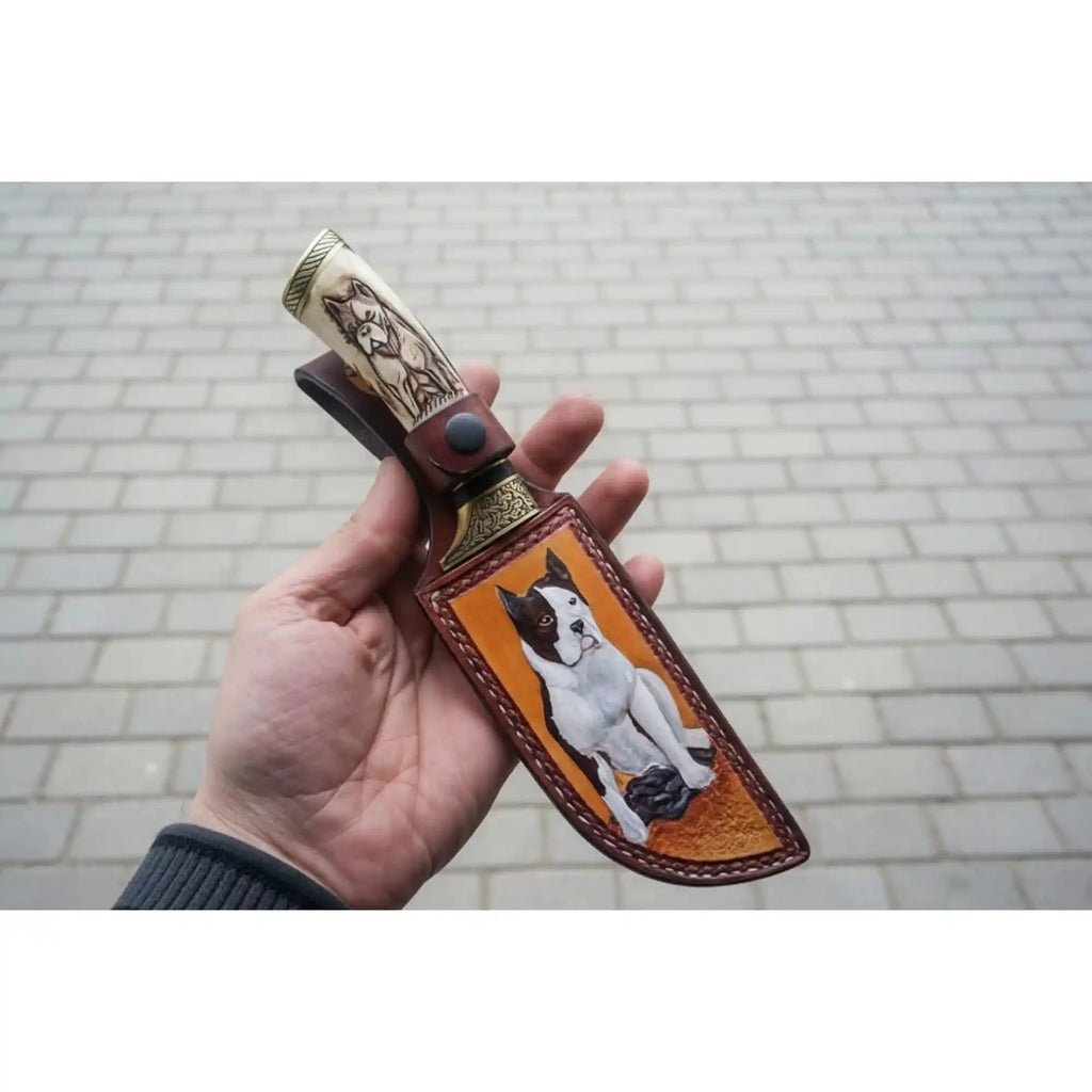 Damascus Steel Dog Engraved Bone Handle Hunting Skinner Knife – 10 Inch Overall l