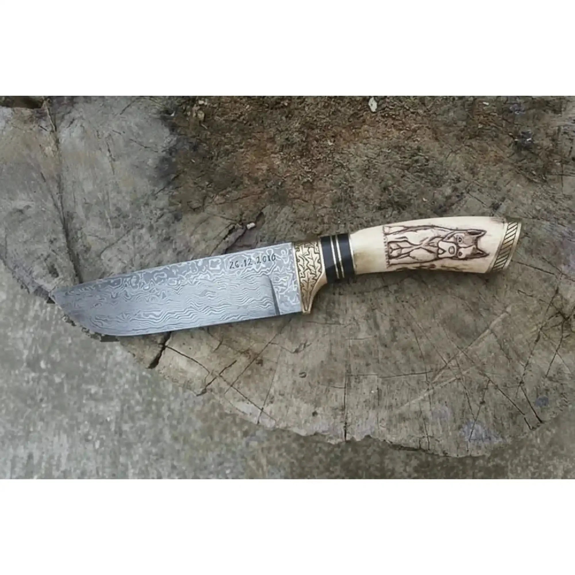 Damascus Steel Dog Engraved Bone Handle Hunting Skinner Knife – 10 Inch Overall l