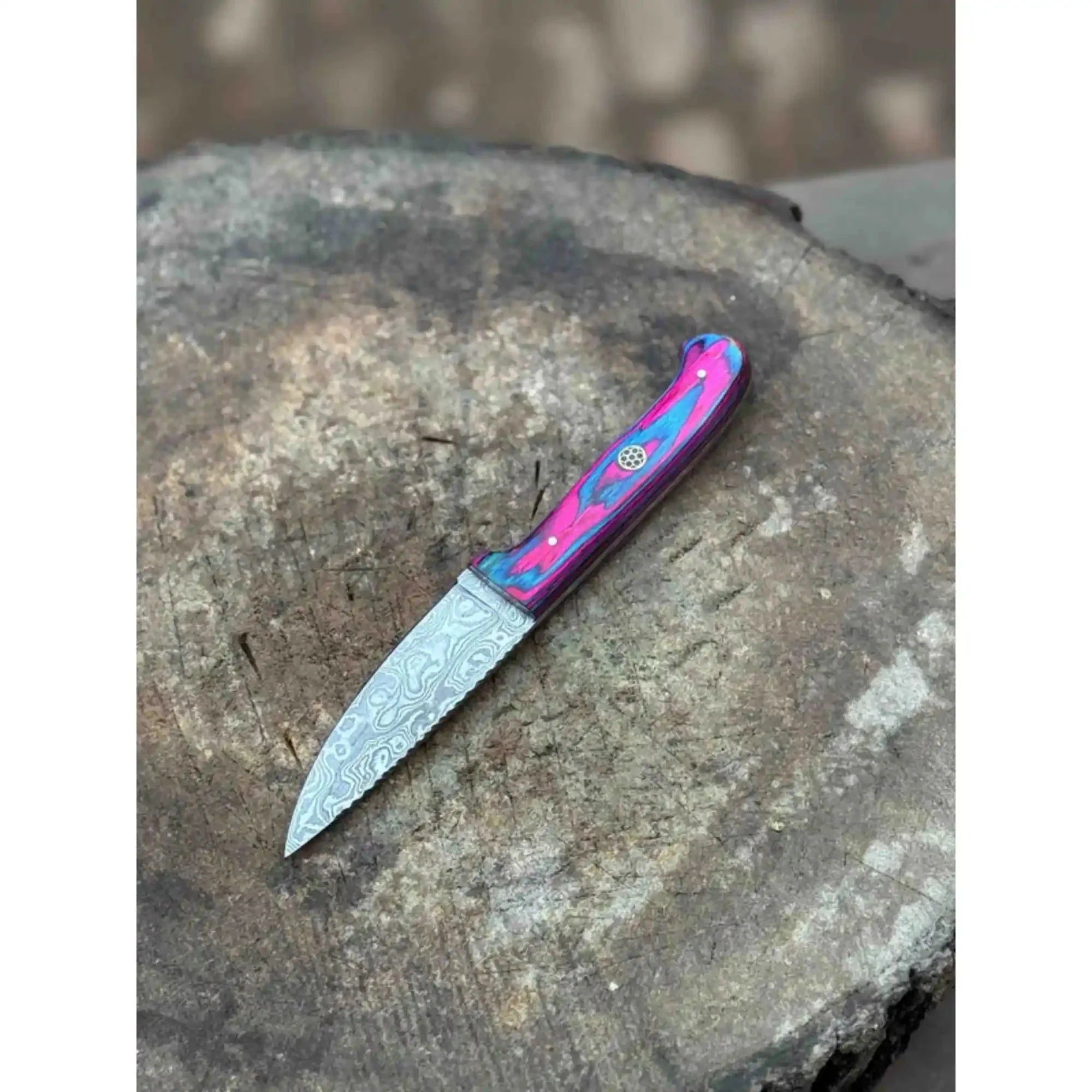 Damascus Steel Fixed Blade Knife – Pink & Blue Pakka Wood Handle | JW SteelCrafts