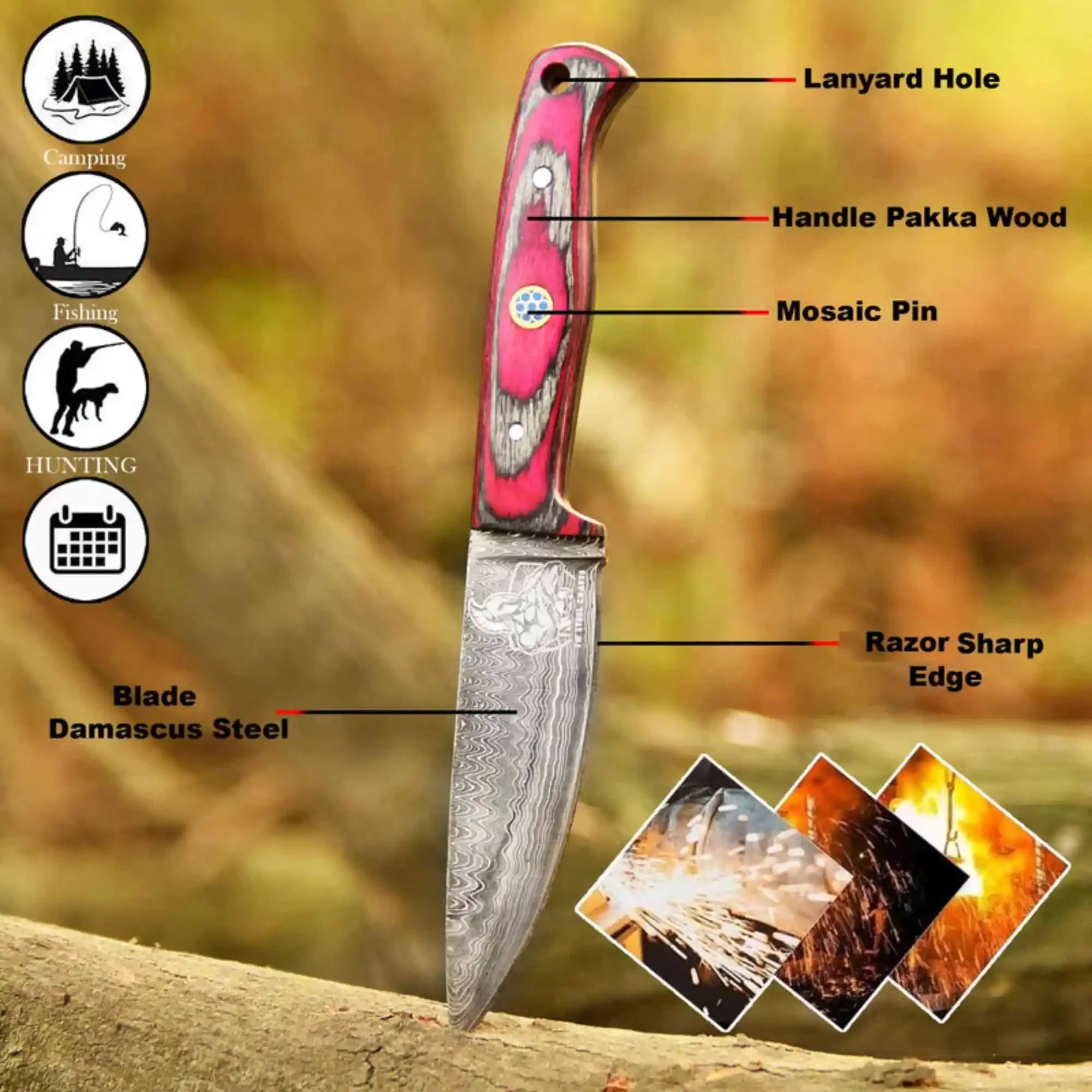 Damascus Steel Fixed Blade Knife – Pink & Blue Pakka Wood Handle | JW SteelCrafts