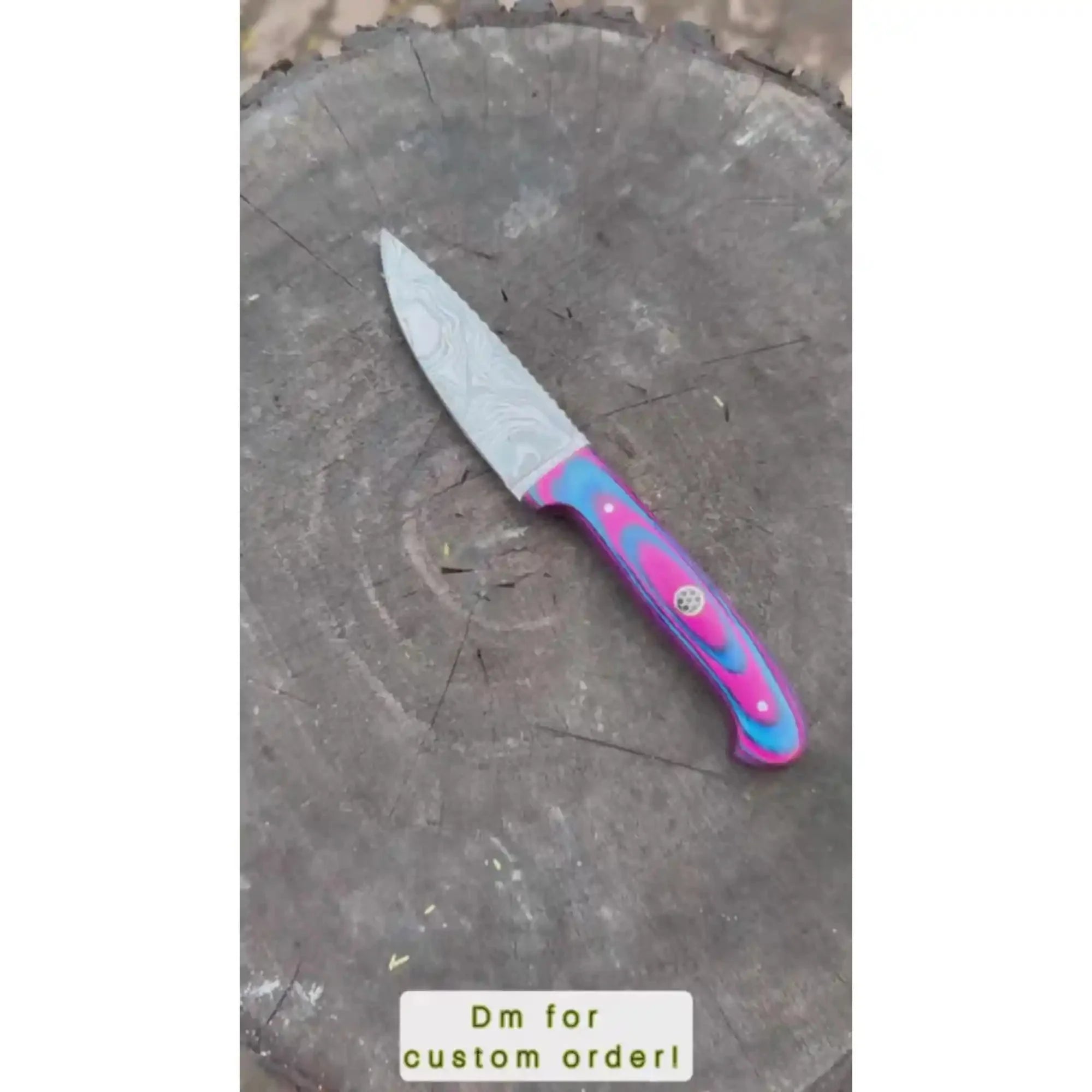 Damascus Steel Fixed Blade Knife – Pink & Blue Pakka Wood Handle | JW SteelCrafts