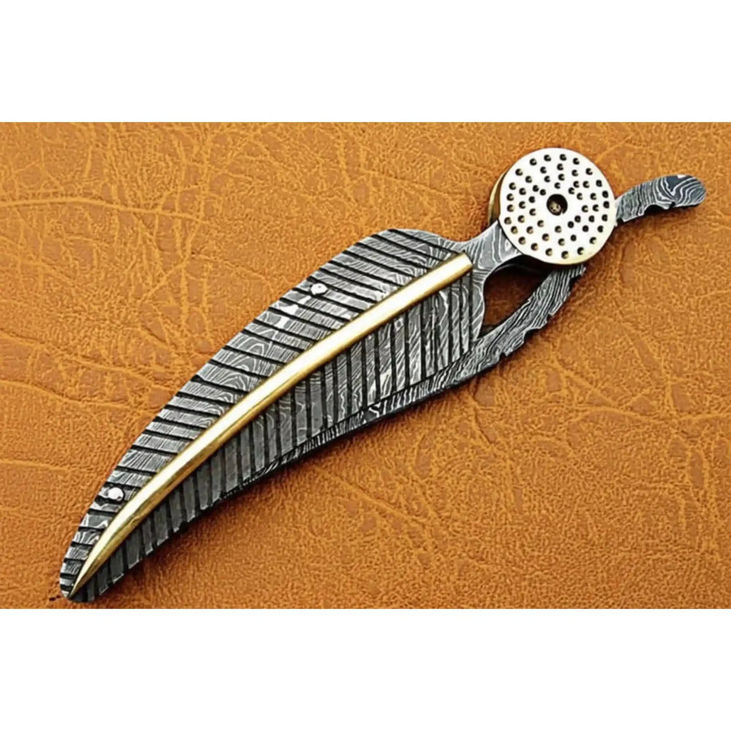 Damascus Steel Folding Knife with Sculpted Feather Handle & Brass Inlay | Handcrafted EDC Pocket Knife