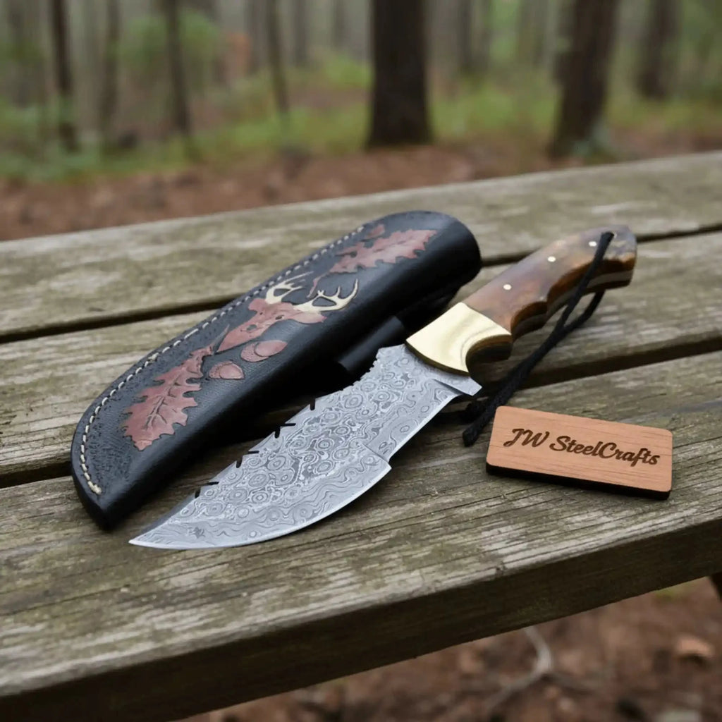 Damascus Steel Hunting Knife – Multiple Handle Colors | JW SteelCrafts