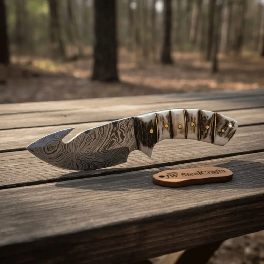 Damascus Steel Skinner Knife w/ Stag Handle and Gut Hook /Hunting Fixed Blade Knife