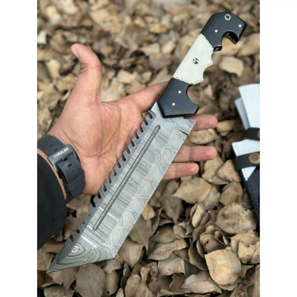 Damascus Steel Tracker Knife with Dual-Tone Bone & Black Handle | Handmade Leather Sheath