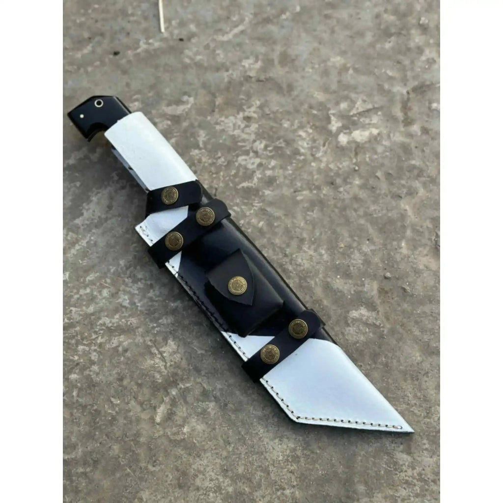 Damascus Steel Tracker Knife with Dual-Tone Bone & Black Handle | Handmade Leather Sheath