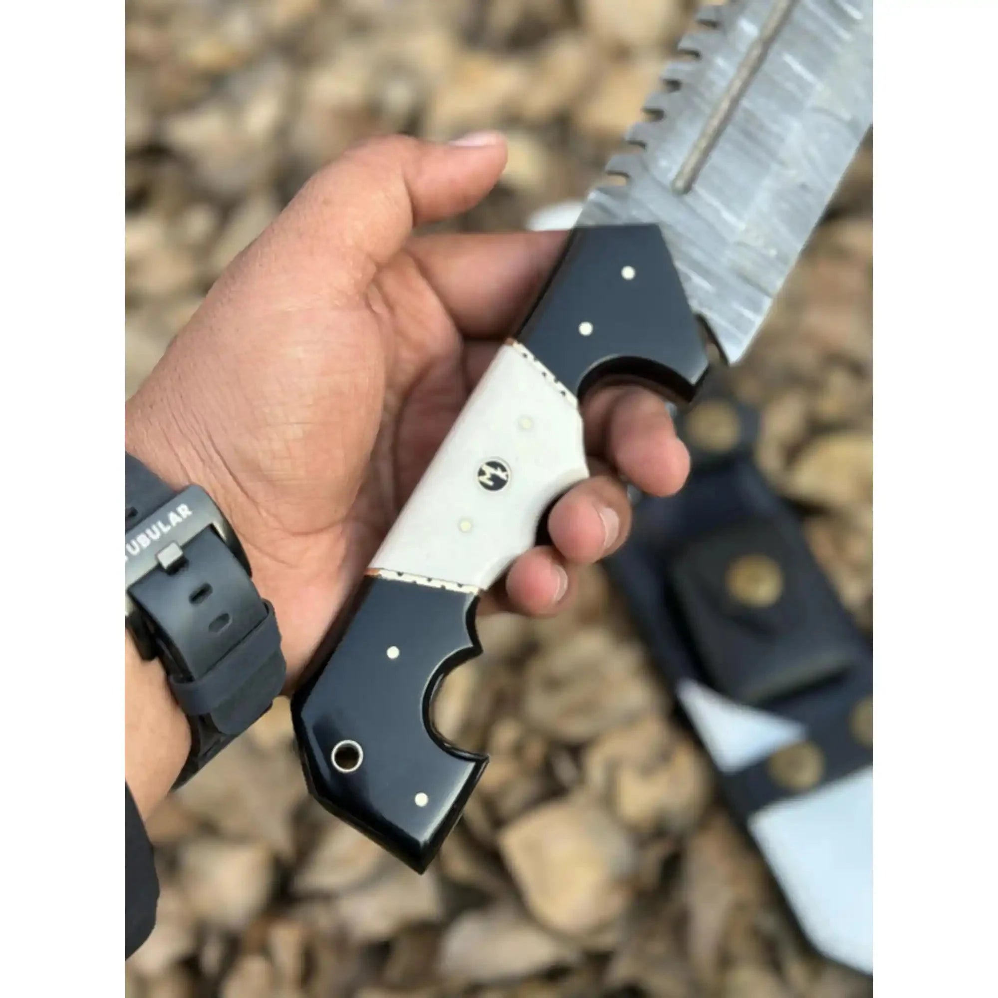 Damascus Steel Tracker Knife with Dual-Tone Bone & Black Handle | Handmade Leather Sheath