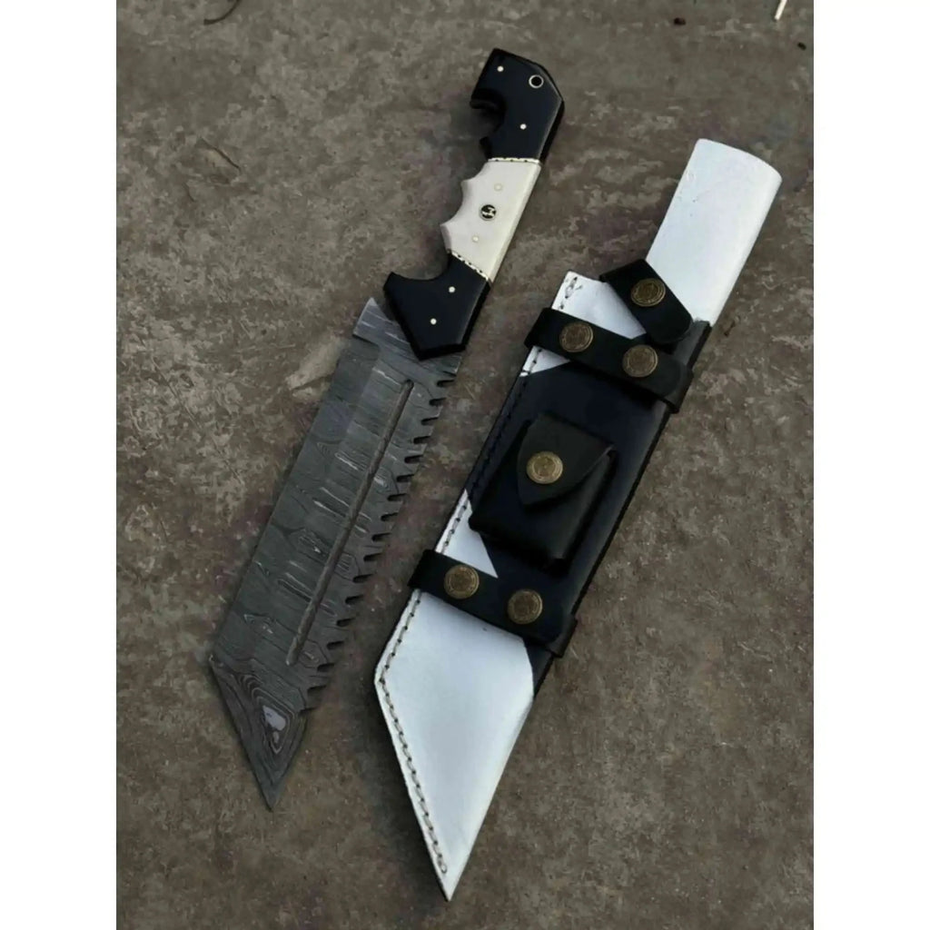 Damascus Steel Tracker Knife with Dual-Tone Bone & Black Handle | Handmade Leather Sheath