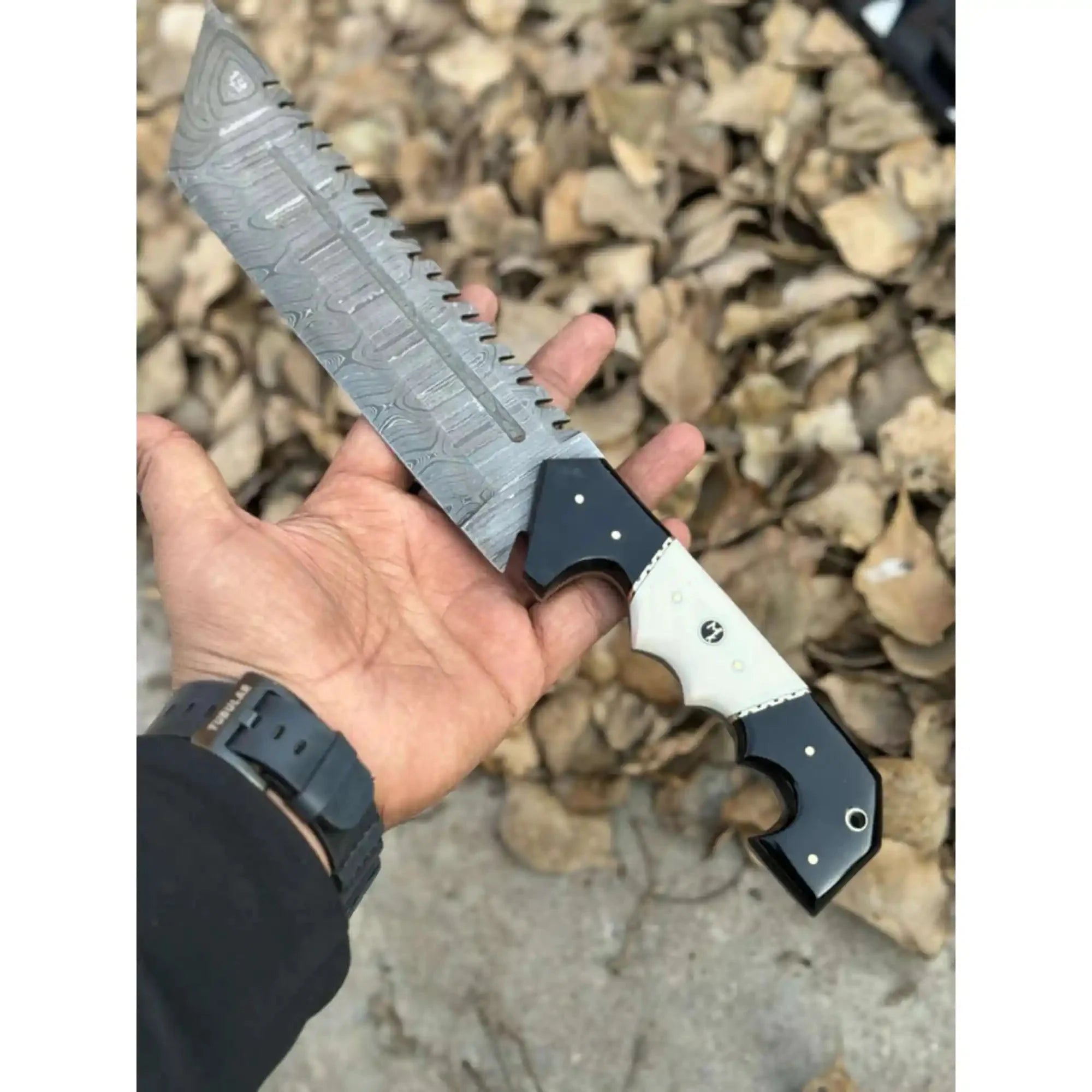 Damascus Steel Tracker Knife with Dual-Tone Bone & Black Handle | Handmade Leather Sheath