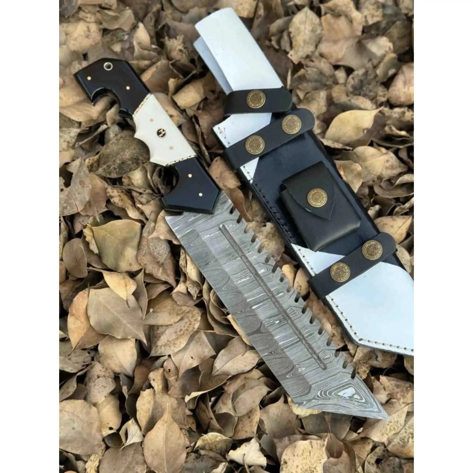 Damascus Steel Tracker Knife with Dual-Tone Bone & Black Handle | Handmade Leather Sheath