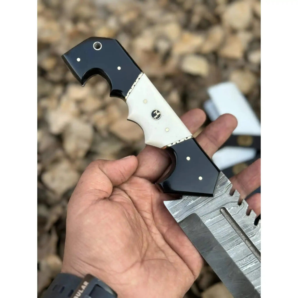 Damascus Steel Tracker Knife with Dual-Tone Bone & Black Handle | Handmade Leather Sheath