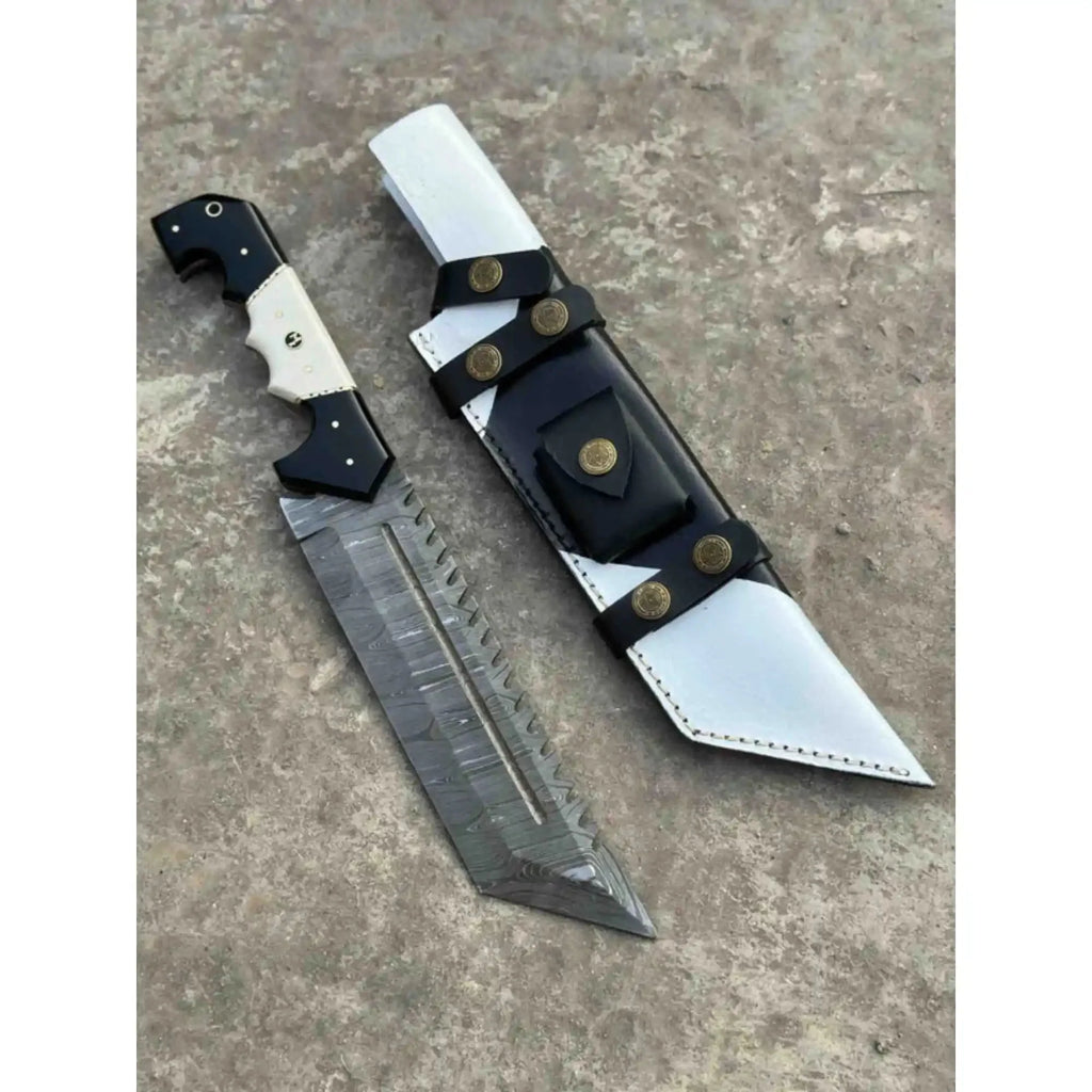 Damascus Steel Tracker Knife with Dual-Tone Bone & Black Handle | Handmade Leather Sheath
