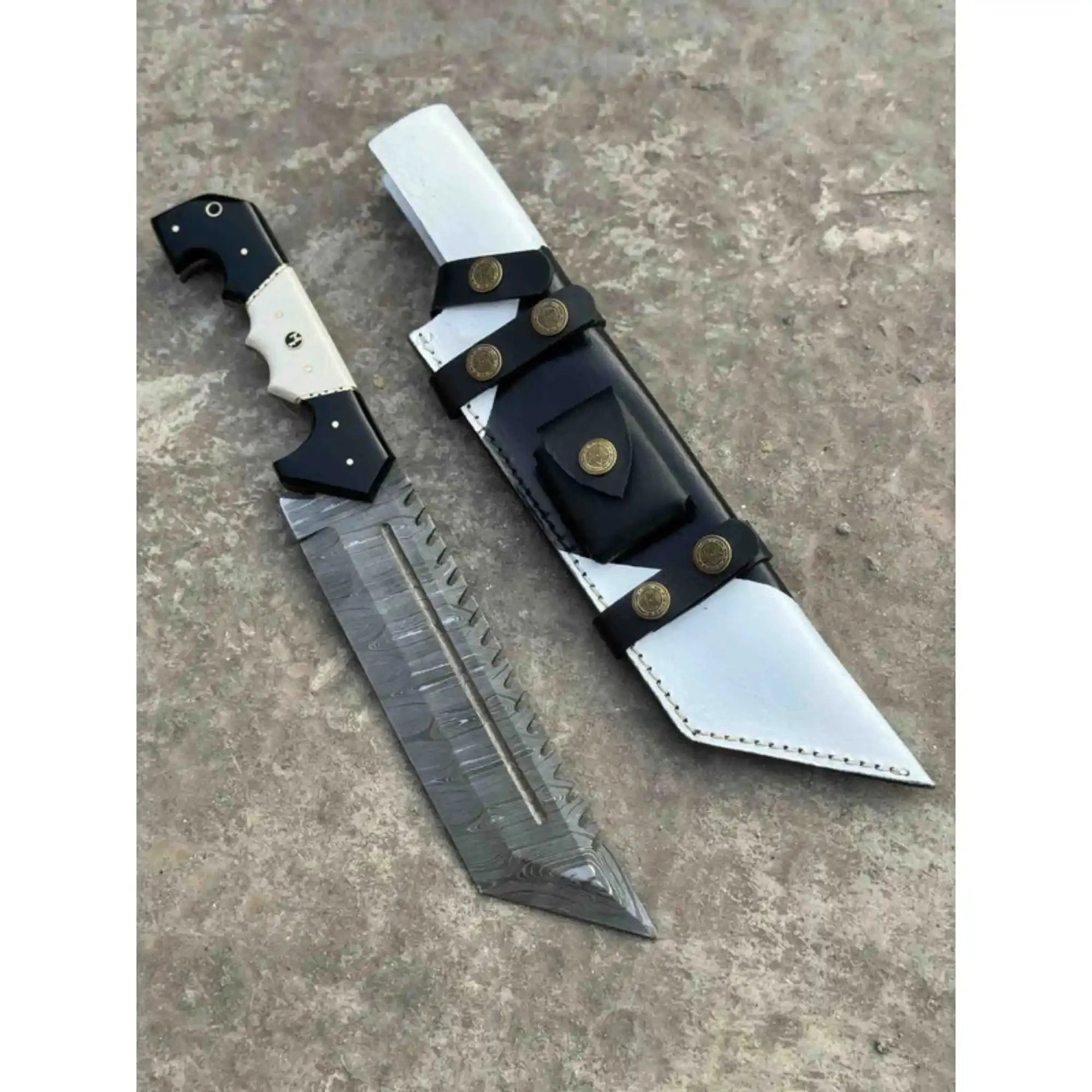 Damascus Steel Tracker Knife with Dual-Tone Bone & Black Handle | Handmade Leather Sheath