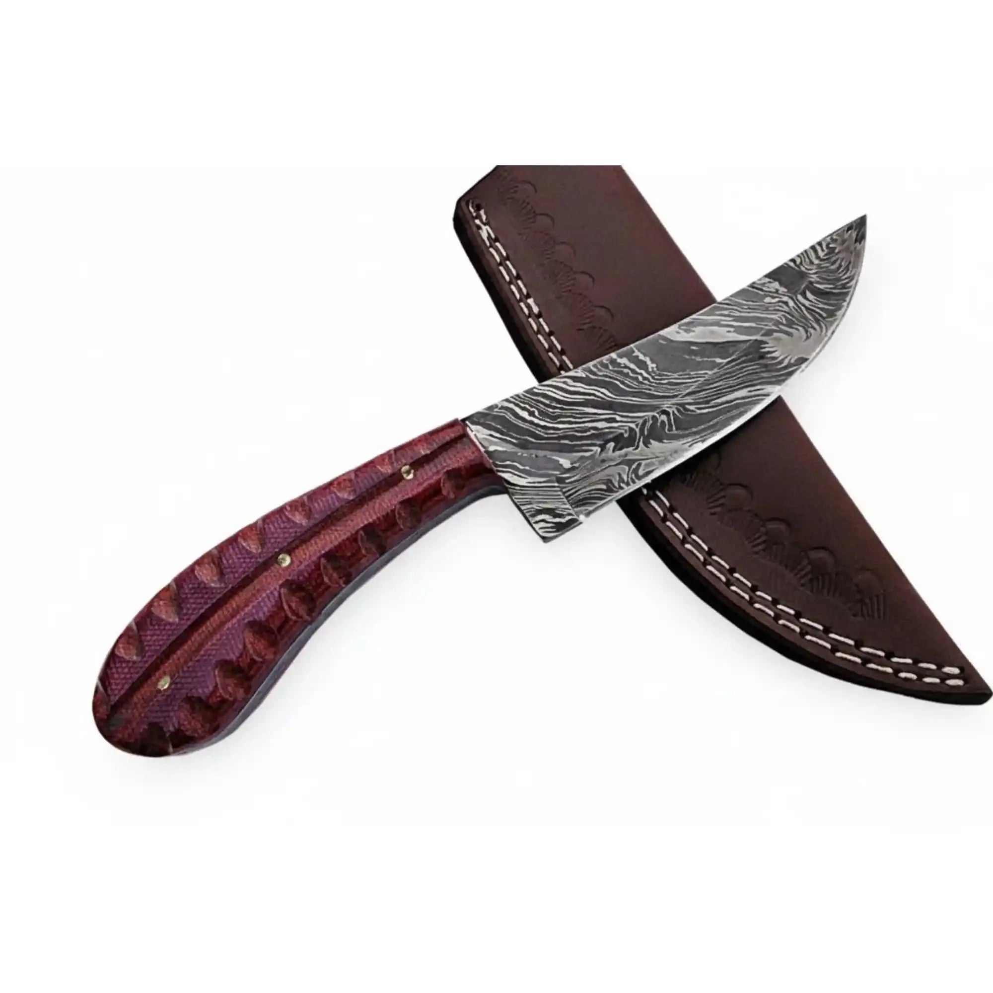 Damascus Trailing Point Skinner Knife with Red Wood Handle – 9 Inch Overall